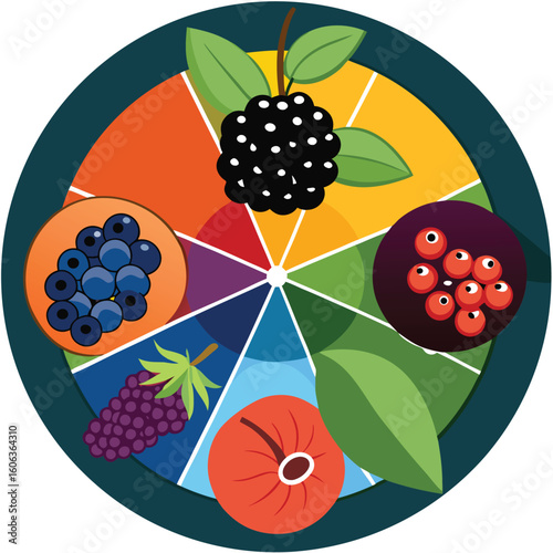 Delicious and colorful assortment of berries and fruits arranged in a circular segmented illustration representing healthy eating