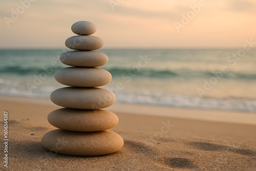 Balanced Stack of Smooth Stones on a Sandy Beach with Ocean Background at Sunset