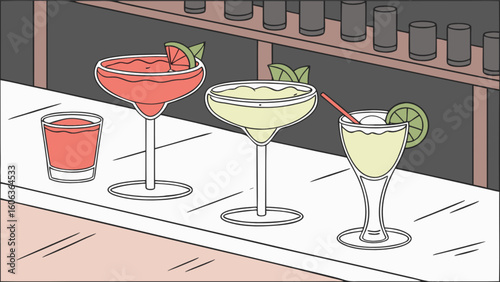 Illustration of four cocktails on a bar top with bottles on a shelf in the background in a bar setting