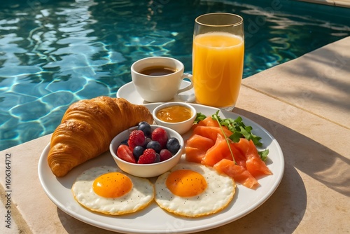 Breakfast by the Pool with Eggs Salmon Croissant and Juice for a Luxurious Start