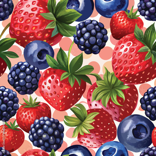 Seamless watercolor illustration of strawberries blueberries and blackberries with transparent background ideal for surface patterns and textile designs