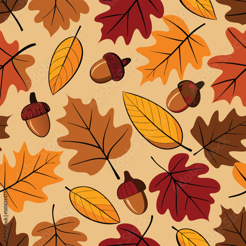 Seamless autumn pattern featuring stylized fall foliage with vibrant leaves and acorns creating a seasonal themed background illustration.