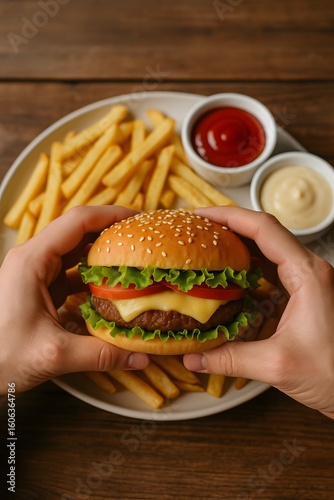 Hands Holding a Delicious Burger with Fries Ketchup and Mayonnaise on a Wooden Table Top