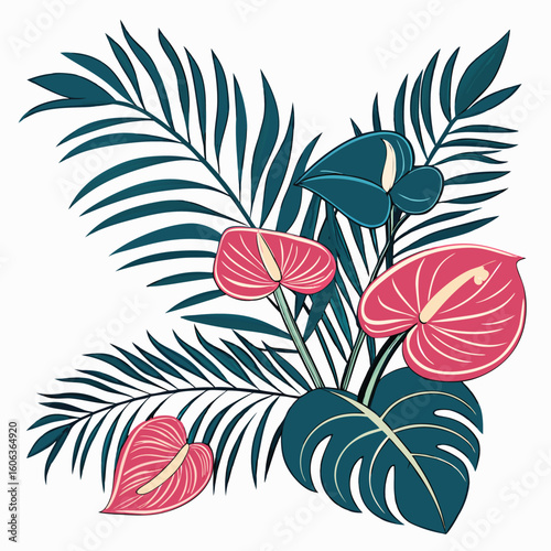 Tropical floral arrangement featuring palm leaves and red anthurium flowers arranged in an elegant and minimalistic composition on a clean white background