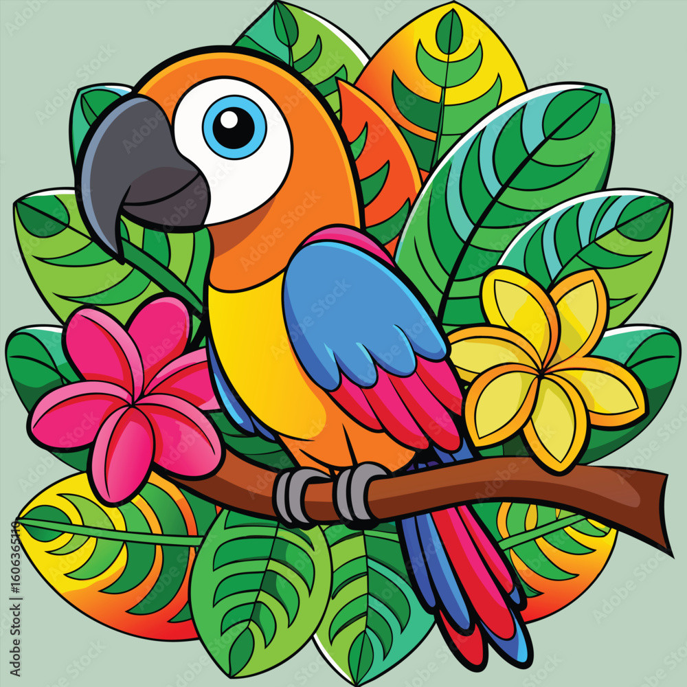Naklejka premium Vibrant cartoon parrot perched on a branch surrounded by colorful tropical leaves and flowers in a playful and eye-catching design.