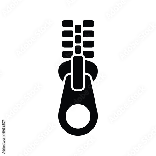 Close up of a black zipper pull and teeth on a white background