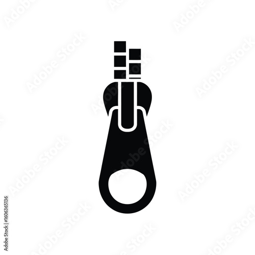 Close up of a black zipper pull and teeth on a white background