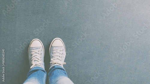 Denim fabric texture with casual footwear arranged diagonally in soft natural light.