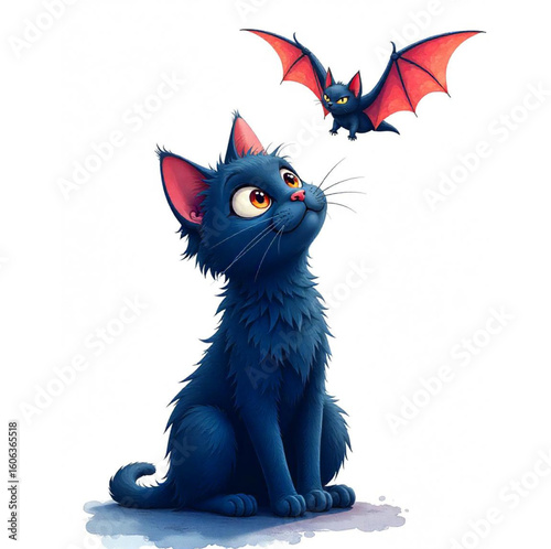 Black cat with big eyes together with bat on Halloween