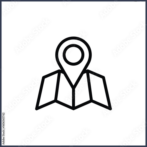 Simple line art icon of a folded map with a location pin marker