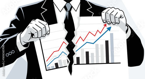 businessman tearing financial graph showing upward trend in business failure concept black and white