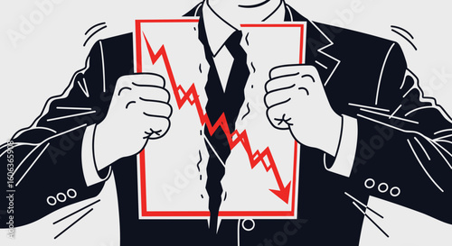 Businessman Tearing Downward Graph Showing Financial Crisis in Illustration Style on White Backgroun