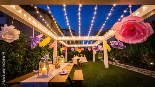 Vibrant Night Street Fair with Paper Streamers, Lanterns, and Neon Lights in a Festive Cultural Setting