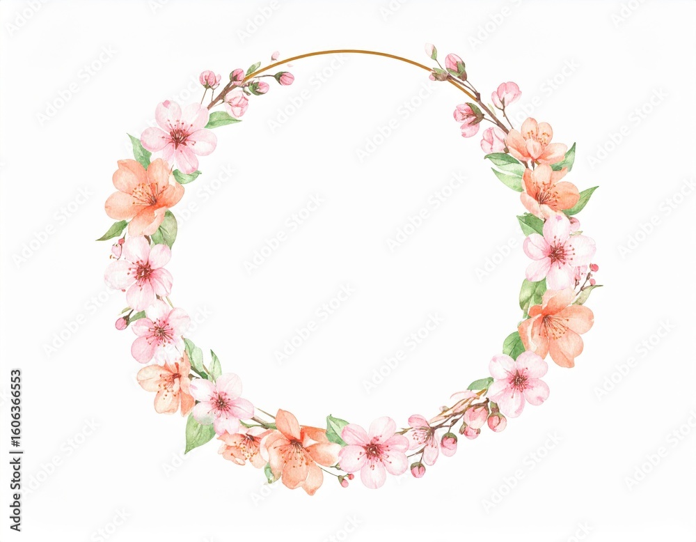 Watercolor Cherry Blossom Wreath with Golden Circle Delicate Pink and Peach Flowers. Watercolor Cherry Blossom Wreath with Golden Circle Delicate Pink and Peach Flowers.