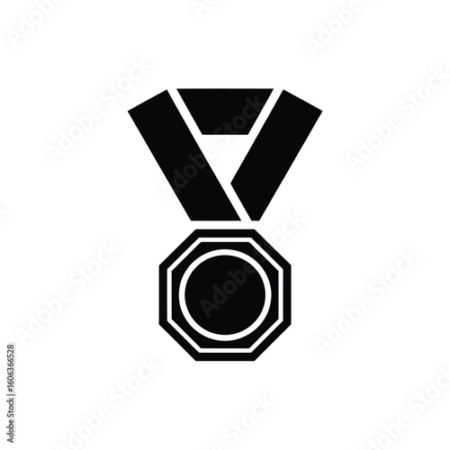 Simple black silhouette of a classic octagonal award medal with ribbon