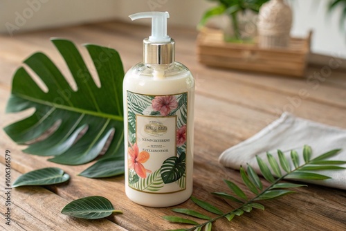 A glass bottle with a pineapple and other fruits on it