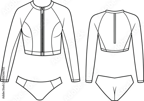 Women’s long sleeve bikini set technical flat sketch, zip front rash guard top and swim bottom cad drawing illustration