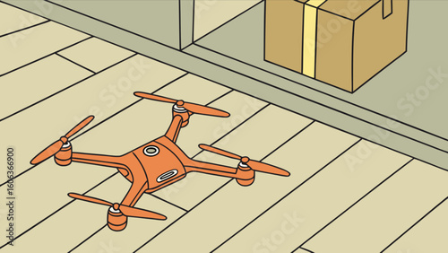 Orange drone on a wooden floor near a cardboard box in a room with a light gray wall background