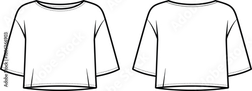 Loose fit cropped t-shirt flat sketch, front and back technical CAD fashion vector illustration for apparel design and presentation