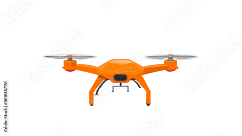 Illustration of an orange drone with four propellers and landing gear on a white background scene