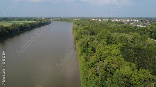Brown river view, summer park aside