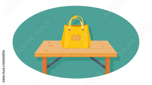 A yellow handbag with handles sitting on a light brown table against a teal oval backdrop scene