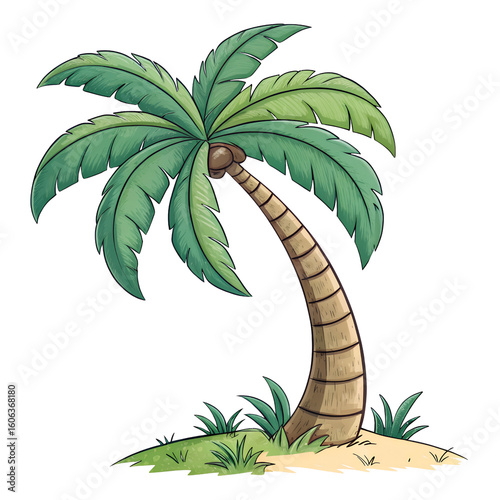 Cartoon illustration of a palm tree on a tropical island beach vacation on transparent background