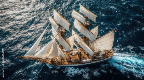 Aerial view of a tall ship sailing on the open ocean.