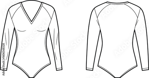 Long sleeve bodysuit technical flat, V-neck women’s one-piece fashion cad drawing vector illustration for activewear or modern basics