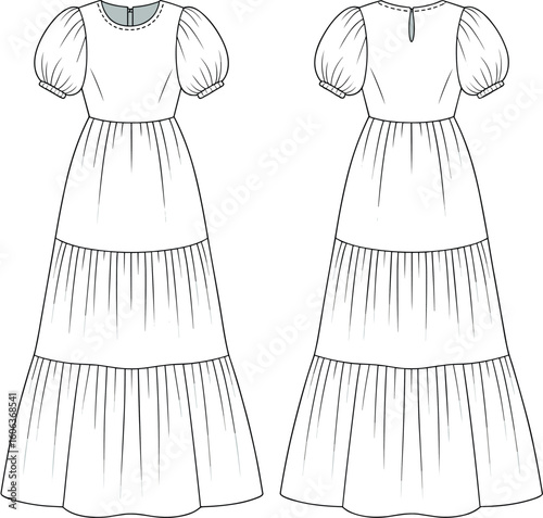 Tiered puff sleeve maxi dress technical sketch, flat vector fashion cad for boho, summer, casual, or cottagecore womenswear design