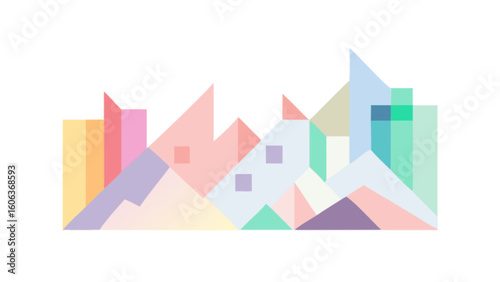 Geometric landscape featuring pastel colored triangles and rectangles on a white background