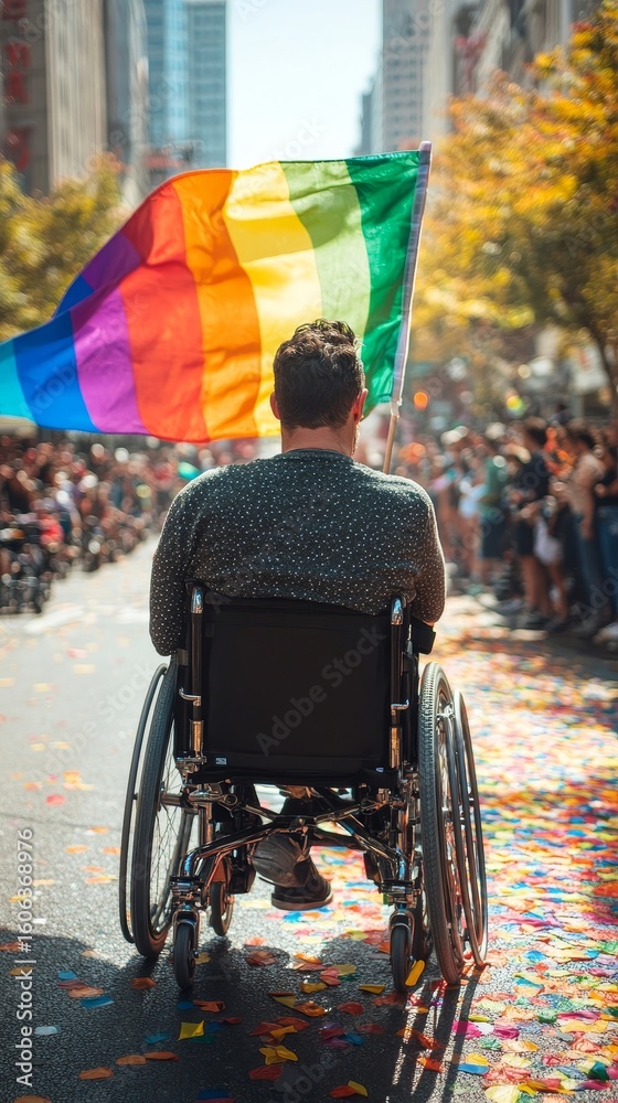 Obraz premium Back view of disabled gay man in wheelchair with rainbow flag during pride parade, promoting inclusion and diversity at the event, Generative AI