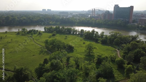 Top view (stable) of the city, river, and park