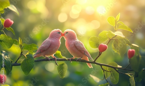 Valentine's Day image of two pink love birds kissing on tree branch under sunny tropical rainforest, symbolizing love and natures beauty, Generative AI