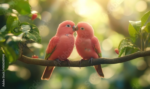 Valentine's Day image of two pink love birds kissing on tree branch under sunny tropical rainforest, symbolizing love and natures beauty, Generative AI