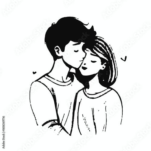 Young couple tenderly embracing, in casual clothing, in a romantic pose. Affectionate couple sharing a quiet moment of intimacy against a plain background.