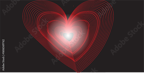 Small red heart into the lot of concentric heart shapes on the black background