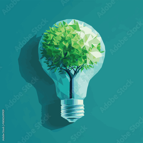Light Bulb lamp saving energy ecology concept. Polygonal light blue tree inside electricity green energy power banner vector illustration, vector style simple color