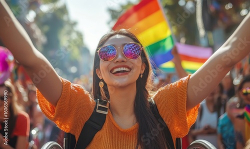 Happy disabled Asian female businesswoman in wheelchair celebrating LGBTQ+ rights during pride parade, fostering inclusivity and acceptance, Generative AI