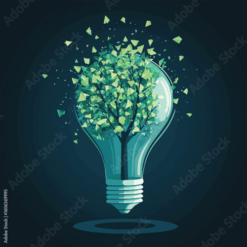 Light Bulb lamp saving energy ecology concept. Polygonal light blue tree inside electricity green energy power banner vector illustration, vector style simple color