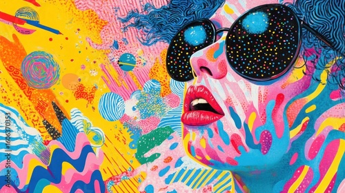 Psychedelic woman portrait with vibrant colors, abstract patterns, and space elements.