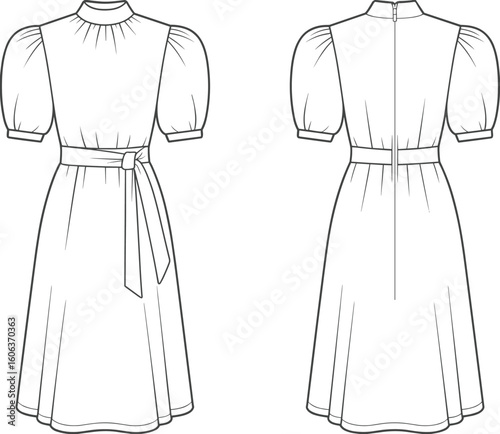 Women's puff sleeve midi dress CAD drawing, high neck belt tie detail, technical fashion flat sketch front and back