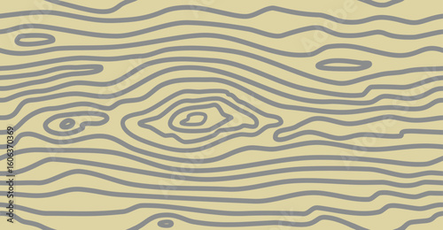 Wood grain, brown texture with thick vein. Seamless wooden cross section, wavy pattern. Abstract line background. Tree fiber. Vector illustration	