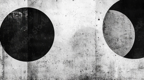 Abstract monochrome concrete wall with large circles and geometric shapes.
