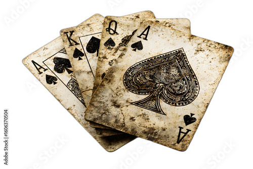 Weathered Playing Cards With Spade Royal Flush