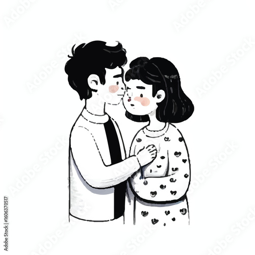 Young couple in casual sweaters touching noses in affectionate embrace. Romantic depiction of love in a simple, black and white setting.