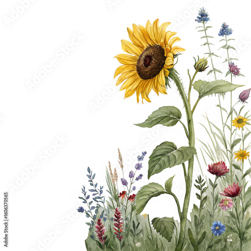 Watercolor Sunflower and Wildflowers Bouquet on Transparent Background
