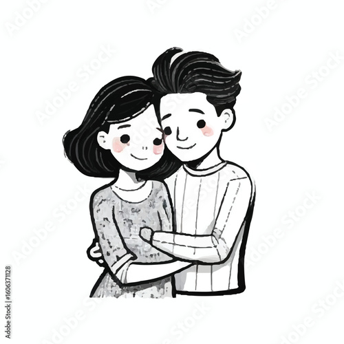 Couple embracing in casual wear, depicted in a simple, artistic style. Affectionate pose against a plain background. Young adults in casual wear, indoors.