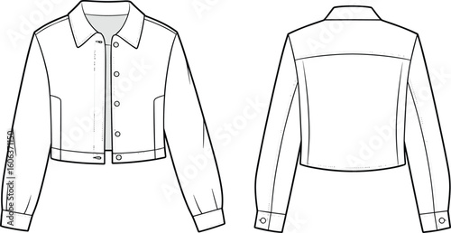 Women’s cropped buttoned jacket cad sketch, long sleeve fashion technical flat drawing with collar, cuffs, panel details and waistband