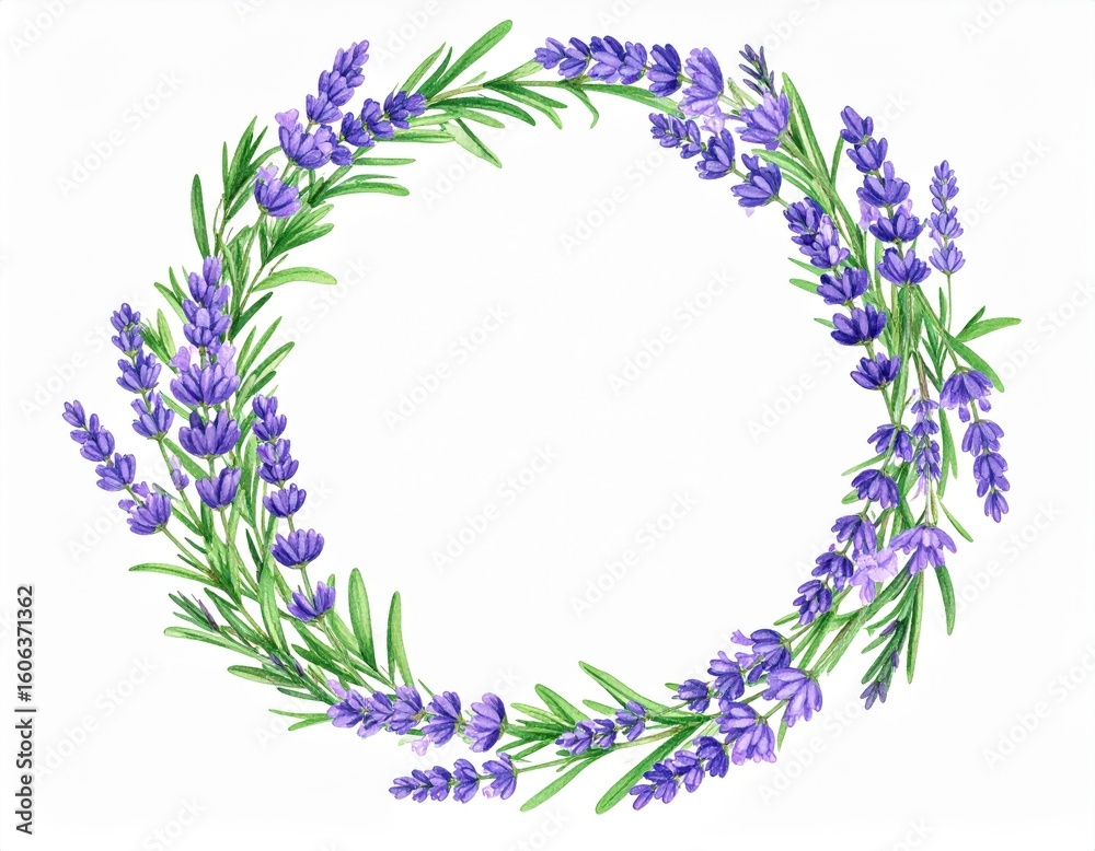 Watercolor Lavender Wreath Delicate Purple Flowers and Green Leaves on White Background. Watercolor Lavender Wreath Delicate Purple Flowers and Green Leaves on White Background.
